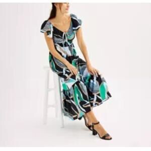 Nine West Size Large Dress Maxi Black Green Geometric Pattern Coastal Resortwear